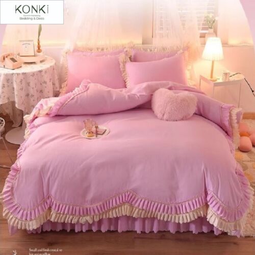 Princess Style Embroidery Cotton Queen King Duvet Cover Ruffle Bedding Set Pink