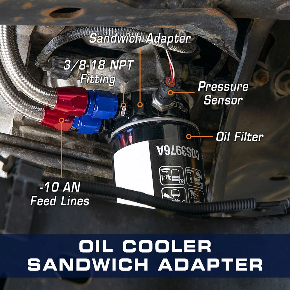 Adaptador sándwich enfriador de aceite GlowShift - rosca de 1"-16 para Ford Power Stroke de 6,7 L  Foto 3 de 3