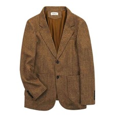 Brown Herringbone Men Tweed Blazer Peacoat Wool Outwear Jacket Coat Fall Winter
