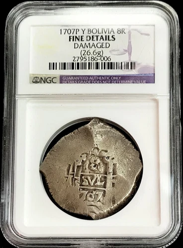 1707 P Y SILVER BOLIVIA 8 REALES COB PHILIP V COINAGE NGC FINE *DETAILS