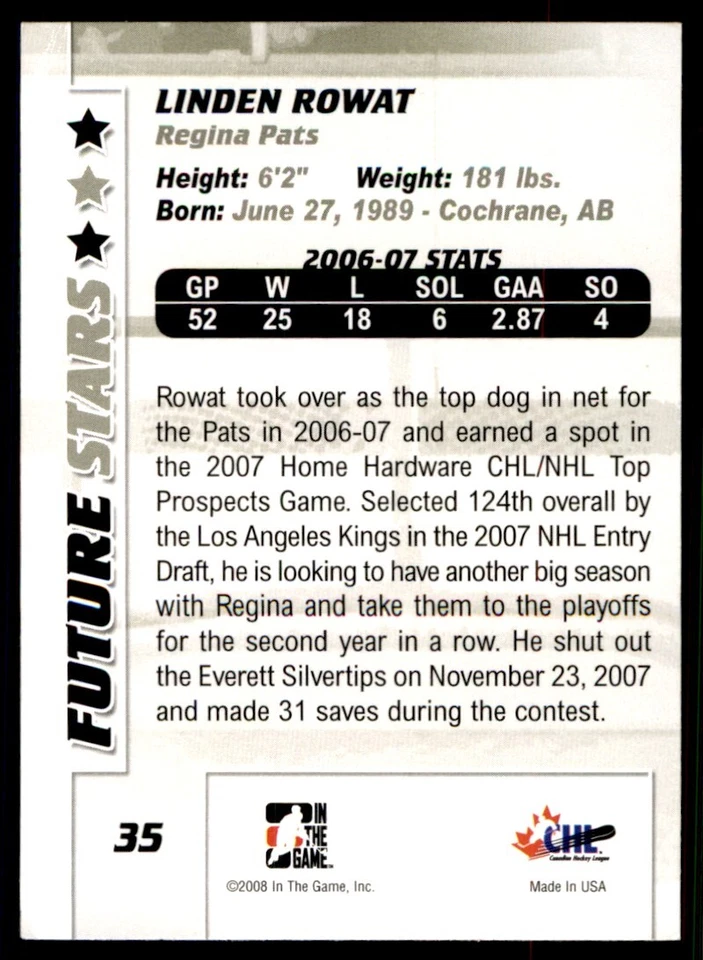 2007-08 In The Game Between the Pipes Linden Rowat Regina Pats #35 - Image 2 of 2