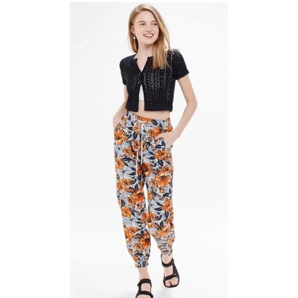 UO Zoey Printed Pull-On Jogger Pant Size XS Floral Tropical Blue 