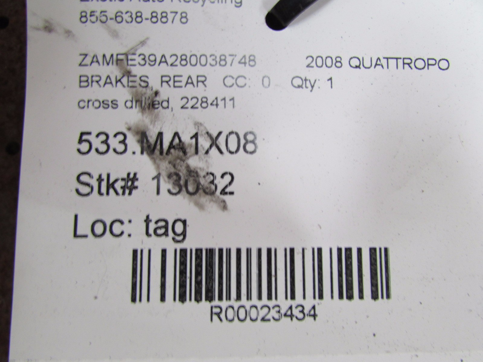 Maserati Quattroporte, Rear Brakes, Cross Drilled, Used P/N 228411