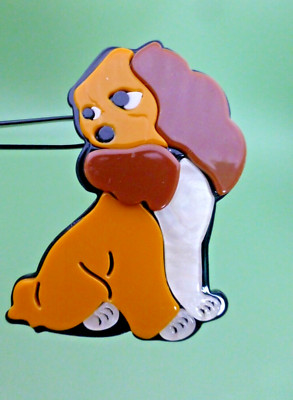 Vintage moderne BROSCHE Handarbeit Cocker Spaniel HUND Welpe Acryl Bakelit Dame