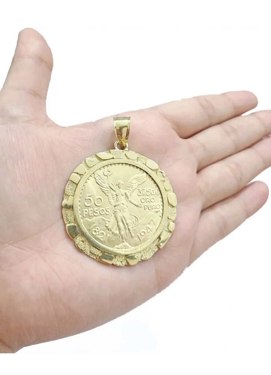 Real 10K Solid Yellow Gold Mens Mexico 50 Pesos Coin Pendant