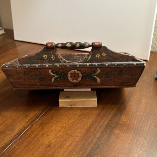 American Folk Art Painted Handled Box Vibrant Pennsylvania Dutch Style 30's-40's - Picture 15 of 19