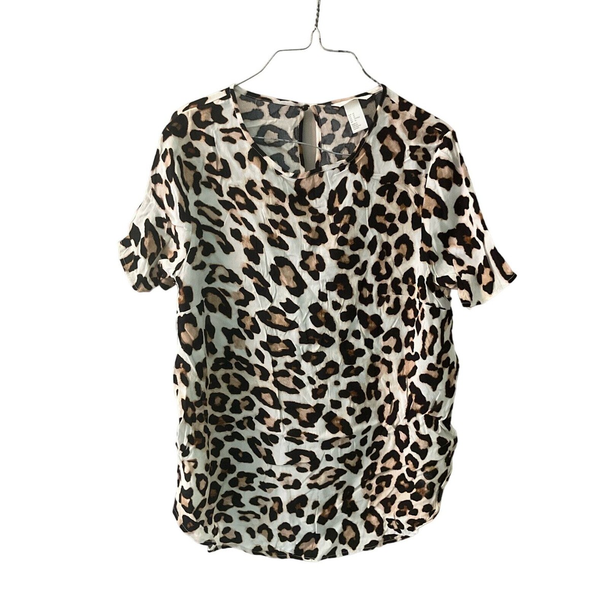 H&M Blouse Top Women SZ 10 White Leopard Print Round Neck Short Sleeve  Viscose