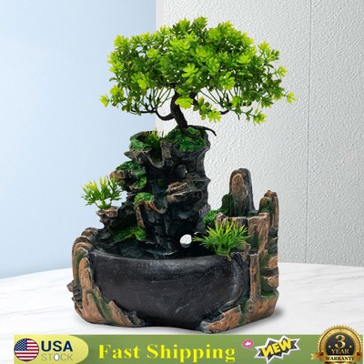 Indoor Water Fountain LED Light Tabletop Resin Rockery Fengshui Waterfall Decor