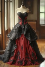 Dark Red And Black Gothic Wedding Dress Appliques Sweetheart Vintage Bridal Gown