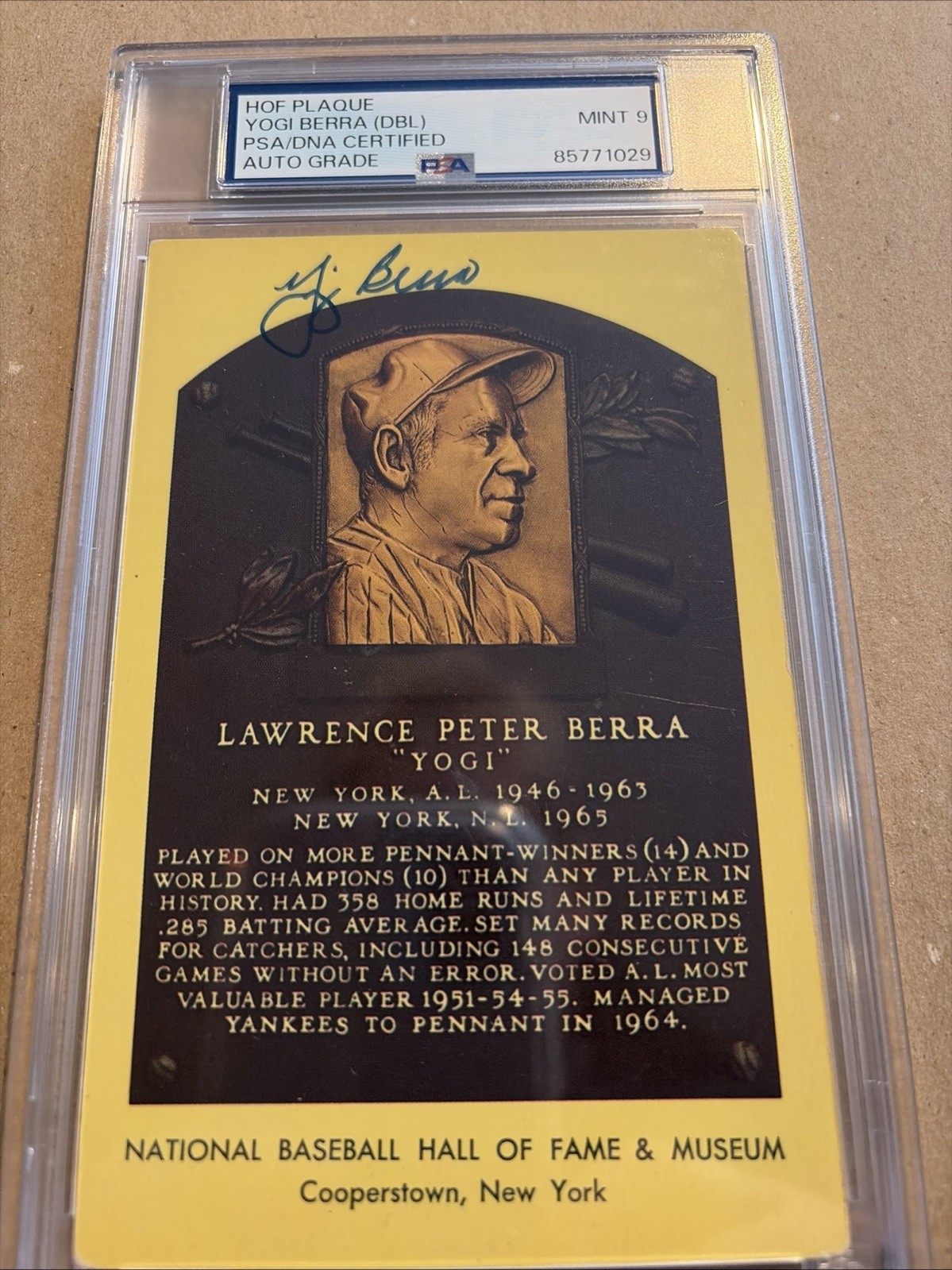 Yogi Berra Signed Gold Plaque Postcard HOF Autograph Yellow Yankees PSA/DNA 9