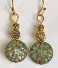 Etched Gold and Green Dahlia Bead Earrings. Boho Chic. Bloom. Fall