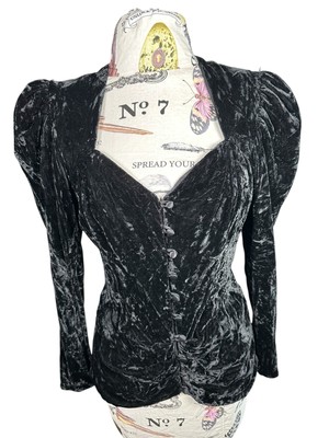 Vintage Size 12 Velvet Top Witchy Whimsygoth Black Long Sleeve Button Sweetheart