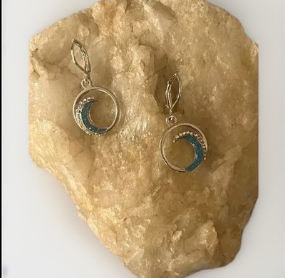 Sterling Silver Ocean Wave Boho Glam Rhinestone Earrings Leverback  Blue -New