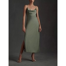 BHLDN Cali Satin Charmeuse Dress Moss Green Draped Cowl Bridesmaid Wedding SZ 6