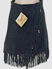 NWT Vintage Steer Brand Leather Suede Wrap Fringe Skirt Black Western 80s L XL