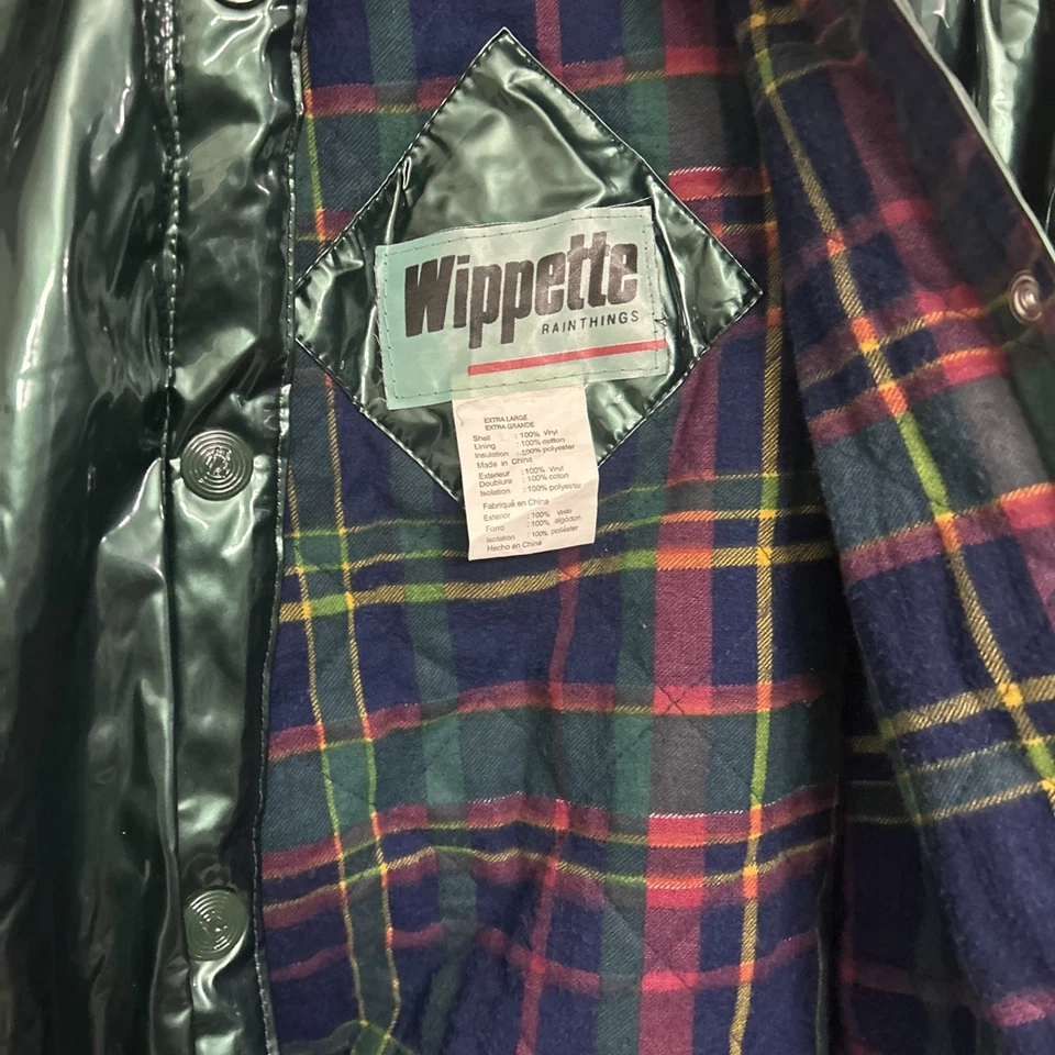Chaqueta Wippette XL Verde Vinilo Impermeable Abrigo de Lluvia Forrado a Cuadros y Franela Con Capucha Foto 2 de 4