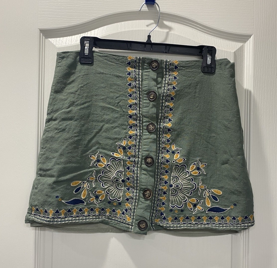 Blue Rain Embroidered Boho Linen Hippy Button Skirt Size Large Women’s