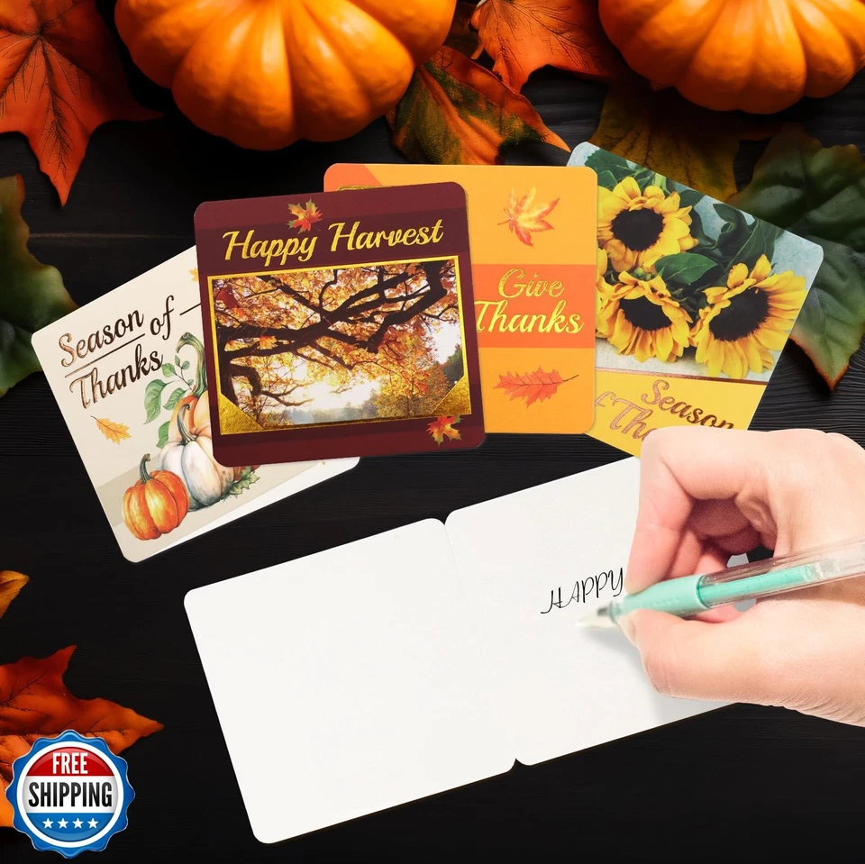 Paquete de 24 mini tarjetas de acción de gracias WorldBazaar con sobres lámina de oro verde otoño Foto 2 de 4