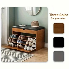 23.62in Entryway Shoe Rack With Cushioned Seat 3 Shelves Storage Shoe Cabinet