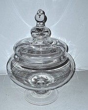 Apothecary Jar Hand Blown Clear Glass Footed w Circus Top Lid 11" x 8" Vintage