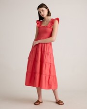 Quince 100% Organic Cotton Poplin Smocked Midi Dress Spiced Coral S