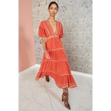 ULLA JOHNSON Alma Embroidered & Beaded Cotton Voile Tiered Maxi Dress Size 0