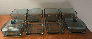 Vintage Jens Quistgaard Dansk Teal Glass Inserts Only (Teak Trivet) Set IHQ 10pc