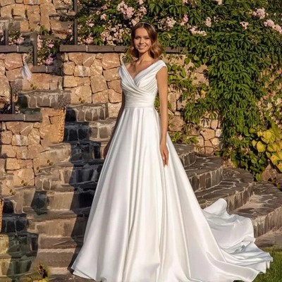 Satin Wedding Dresses V-neck Off the Shoulder Back Botton A-line Bride Gowns
