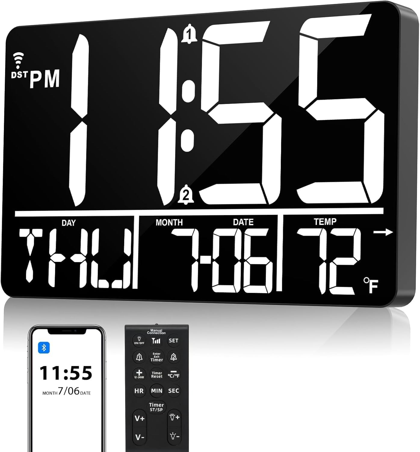 13" Bluetooth Auto Sync Wall Clock - Large Digital Alarm Clock with Remote 25...