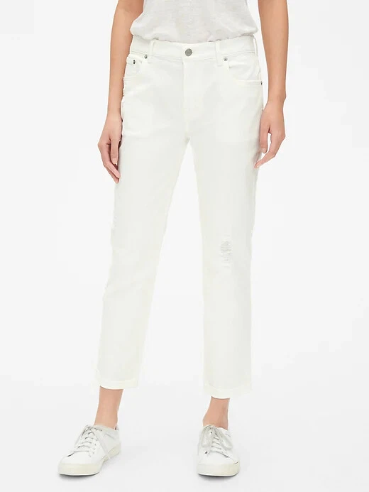 New Womens Gap White Mid rise Girlfriend Distressed White Jeans