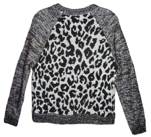 $395 White + Warren Leather Trim Top Leopard Jacquard Large 12 14 Wool B Sweater - Picture 3 of 13
