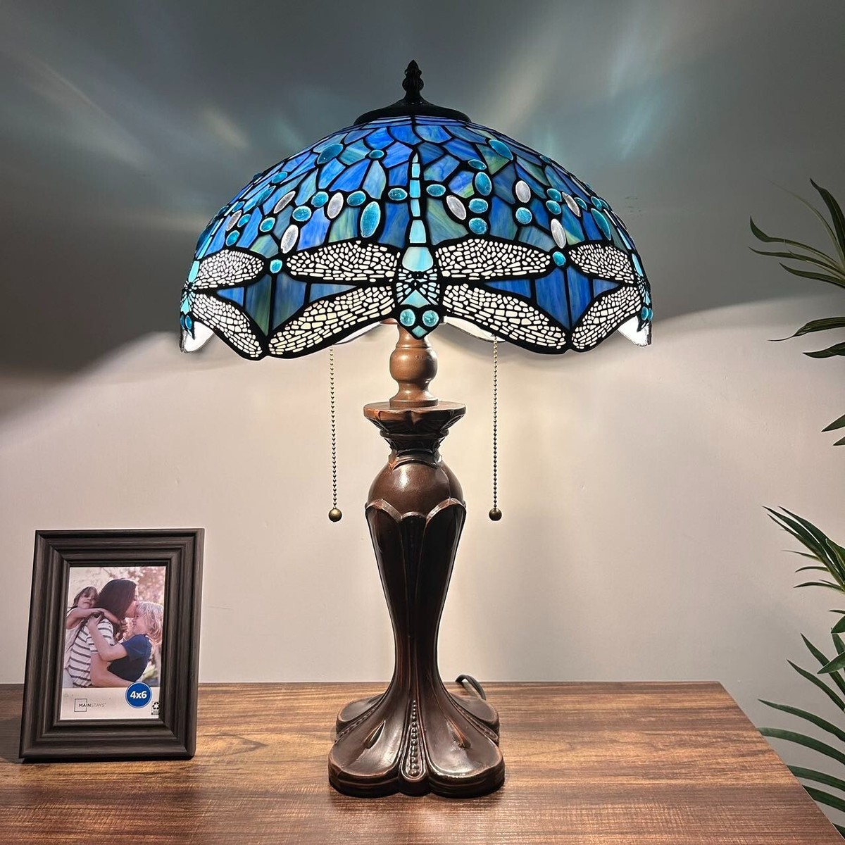 Tiffany Style Table Lamp Blue Stained Glass Dragonfly LED Bulb