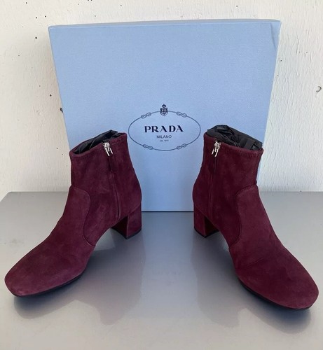 Prada Women's Burgundy Red Ankle Boots In Suede Size US 7.5 - Picture 2 of 9
