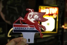 MOBIL OIL PEAGASUS AMERICA FIRST EMBOSSED METAL PLATE TOPPER SIGN OIL GAS HORSE