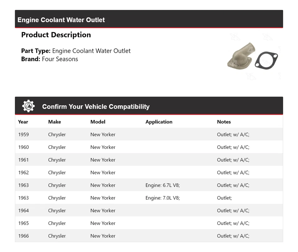 For 1959-1966 Chrysler New Yorker Engine Coolant Water Outlet 4 Seasons 1960 - Image 2 of 4