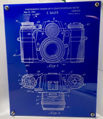 Camera 1962 US Patent E. Sauer Blueprint Plexiglass Etched Wall Hanging Decor