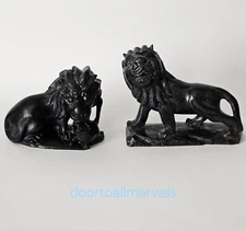 2 Lion Figurines Carved in Black Obsidian Stone - Lion and Cub