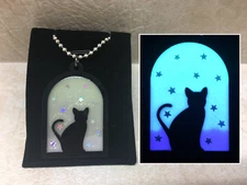 Starry CAT in Window GLOW in the DARK Black Acrylic Charm Necklace - Pendant