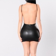 Women Sexy Mini Dress Black Faux Leather Backless Club Party Short Bodycon Dress