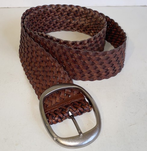 Vintage Dark Brown Woven Braided Leather Wide Belt Large Sterling Silver Buckle