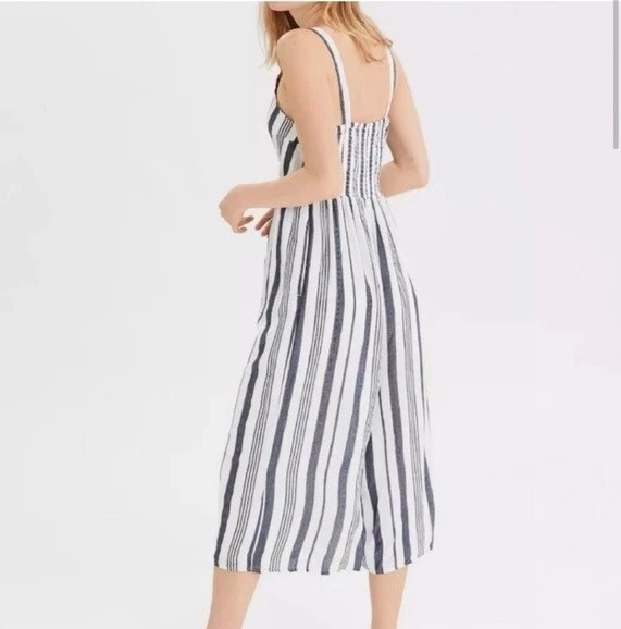 American eagle blue and white striped jumpsuit 2025