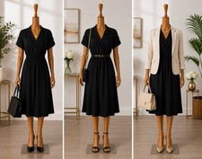 Calvin Klein Womens Black Faux Wrap Dress Size 8 Sort Sleeve Elastic Waist Midi