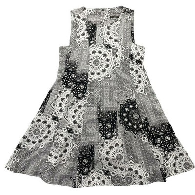 Zara Basic Dress Women Small Gray Medallion Print Fit & Flare Crepe Keyhole Back