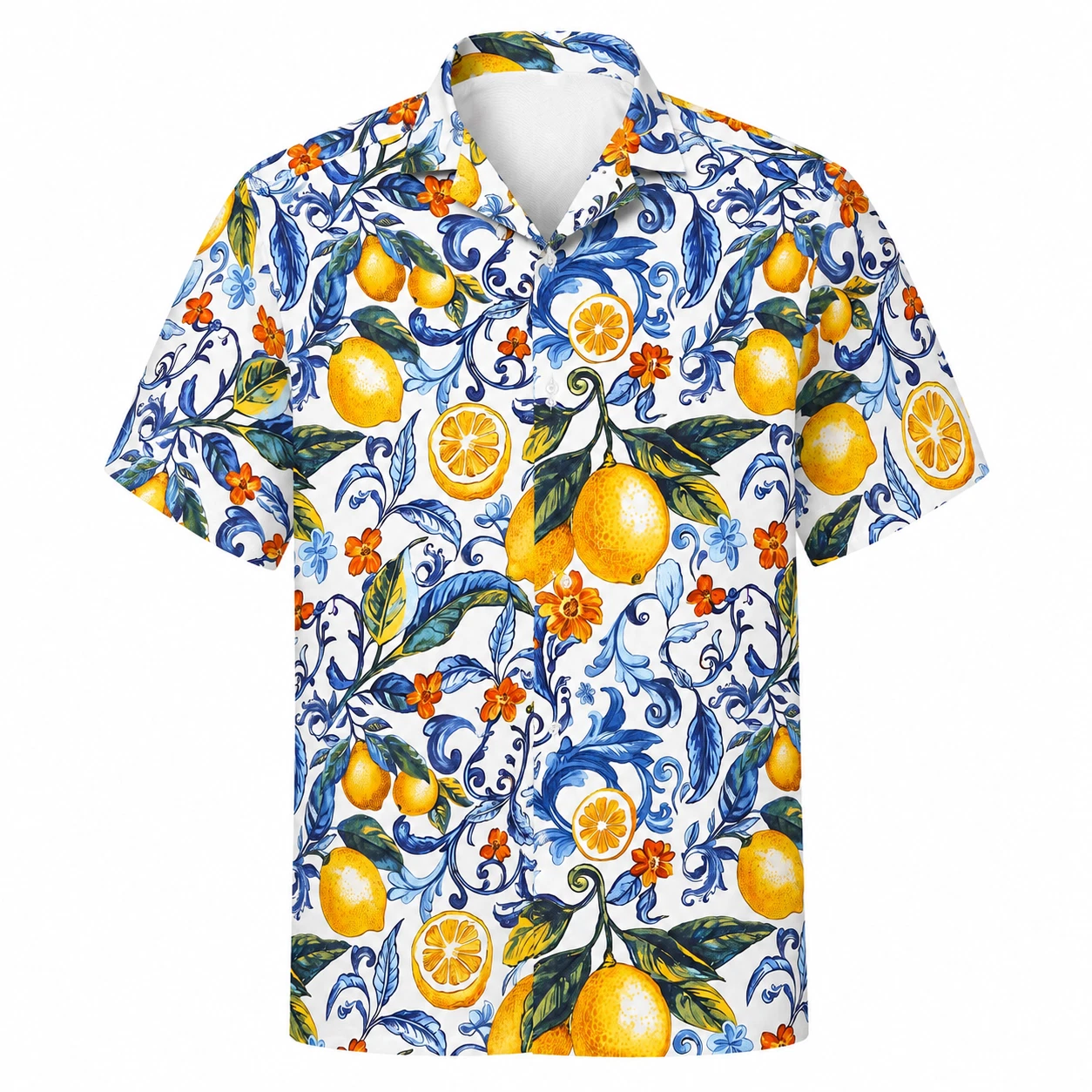 Sicilian Lemon Hawaiian Shirt Men Majolica Tile Button Down Shirt Tropical Wear