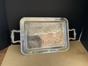 Vintage Silverplate Serving Tray Ornate Engraved Center Cast Handles Victorian S