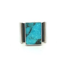 Vintage Sterling Silver Turquoise Rectangular Wide Platter Band Ring Size 7