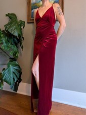 Fashion Nova Maxi Red Velvet Dress Med Spaghetti Strap Cross Back Leg Slit Sexy