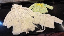 Vtg 6 Pc Baby Girl Knit Crochet Sweater Cardigans, Bonnets, Cape 0-6 Months