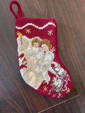 Vintage Needlepoint Angel Christmas Mini Stocking Red Velvet Back 8”