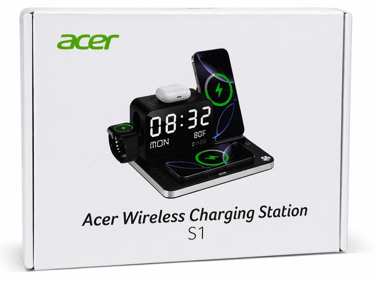 Acer 7 in 1 Wireless Charging Station S1 Alarm Clock iPhone Watch NEW OB Tested